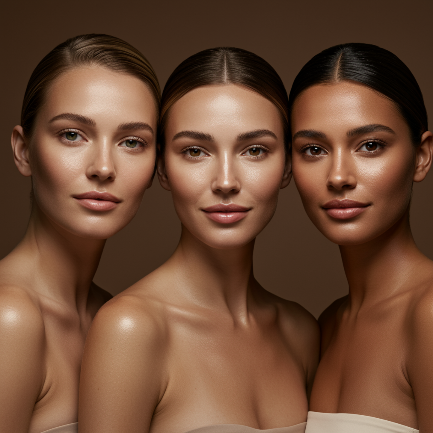 Trzy kobiety o różnych odcieniach skóry po użyciu Onyx Anti-Aging. Krem do twarzy zapewnia równomierną, zdrową opaleniznę.