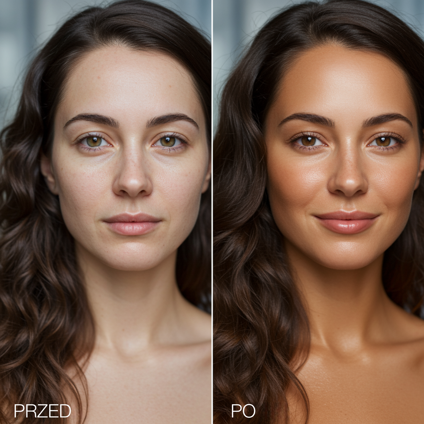 Porównanie efektu przed i po użyciu Onyx Anti-Aging. Krem do opalania twarzy zapewnia naturalny, równomierny odcień i wygładza cerę.