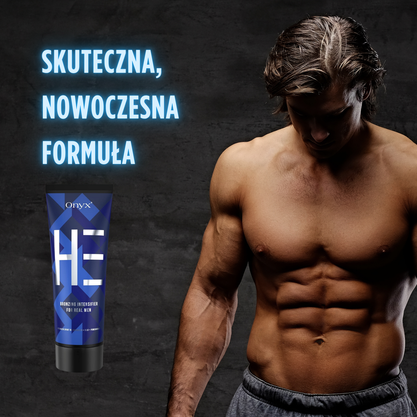 Skuteczna formuła Onyx HE – przyspieszacz opalania dla mężczyzn, zapewniający mocny brąz i ujędrnioną skórę.