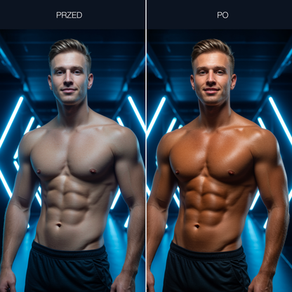 Efekt przed i po z Onyx HE – przyspieszacz brązujący dla mężczyzn, który zapewnia ciemniejszą, jednolitą opaleniznę.