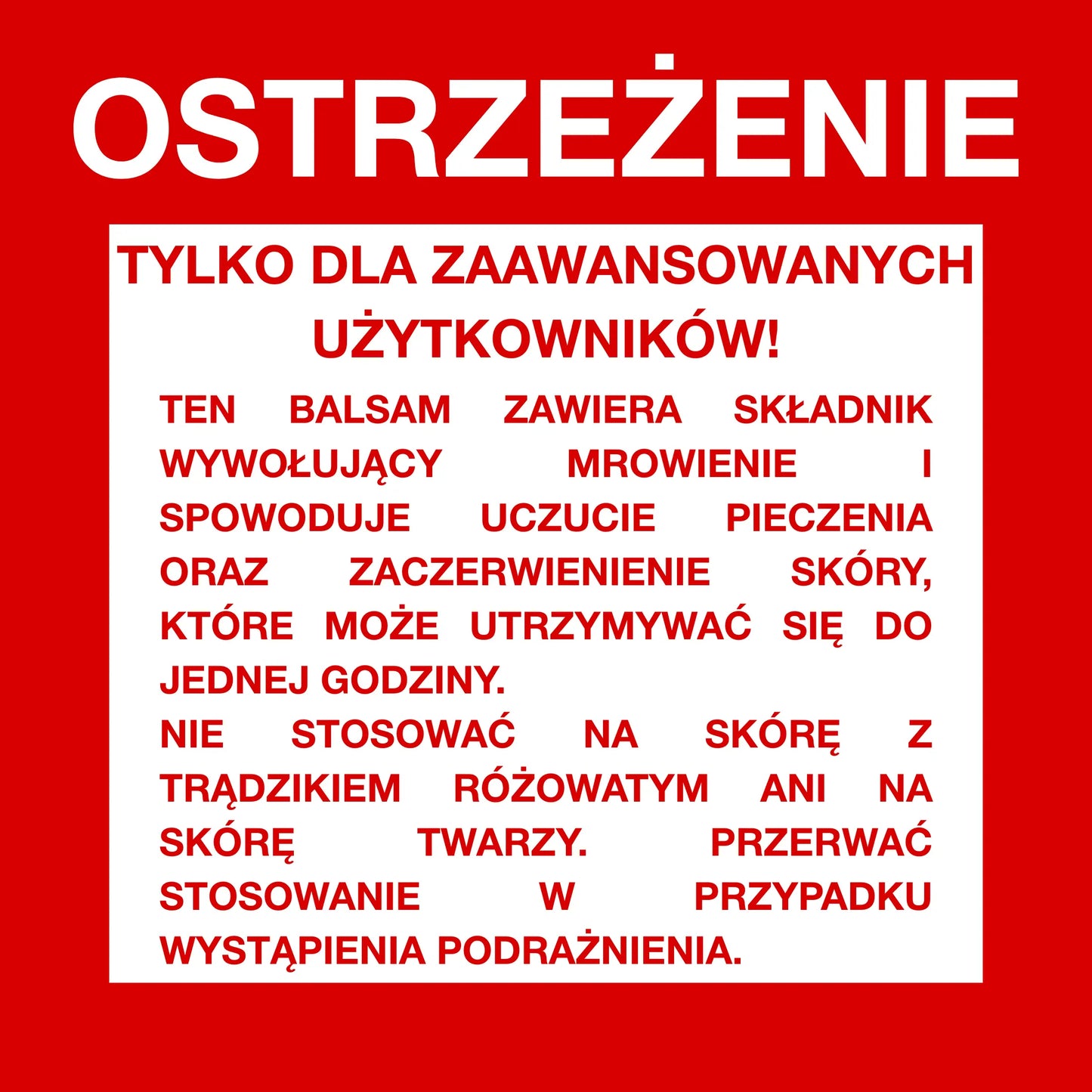 Ostrzeżenie dotyczące balsamu Onyx Ice & Fire – bronzera z efektem mrowienia przeznaczonego wyłącznie dla zaawansowanych użytkowników solarium.
