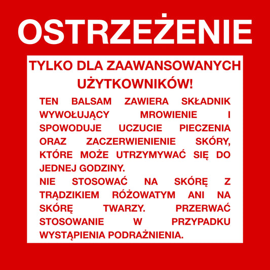 Ostrzeżenie dotyczące balsamu Onyx Ice & Fire – bronzera z efektem mrowienia przeznaczonego wyłącznie dla zaawansowanych użytkowników solarium.