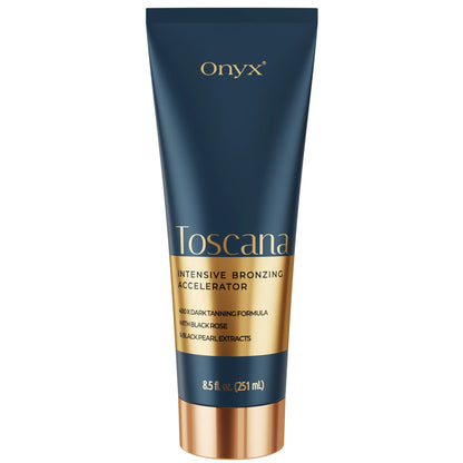Balsam do opalania Onyx Toscana w granatowo-złotej tubie z napisem Intensive Bronzing Accelerator, przeznaczony do uzyskania ciemnej opalenizny
